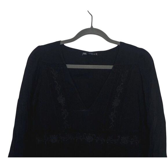 Zara V Neck Embroidered Long Sleeve Baby Doll Mini Dress Lined XS Black #3304 - Picture 4 of 14